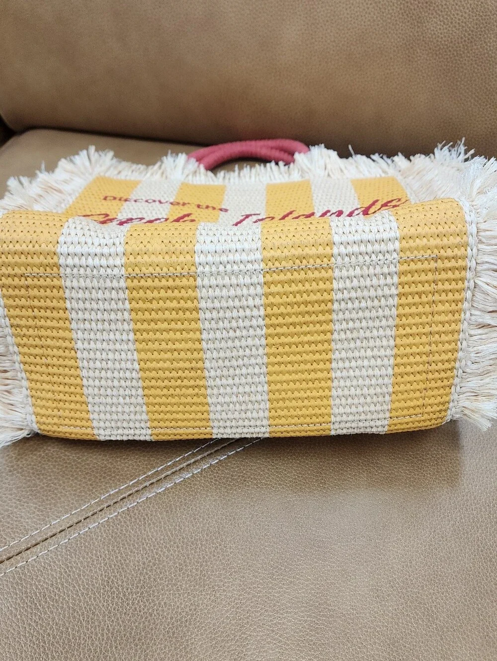 Greek Islands Straw Tote Bag with Yellow Stripes and Pink Accents - Picture 6 of 6